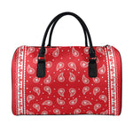 Red And White Paisley Bandana Print Leather Duffle Bag