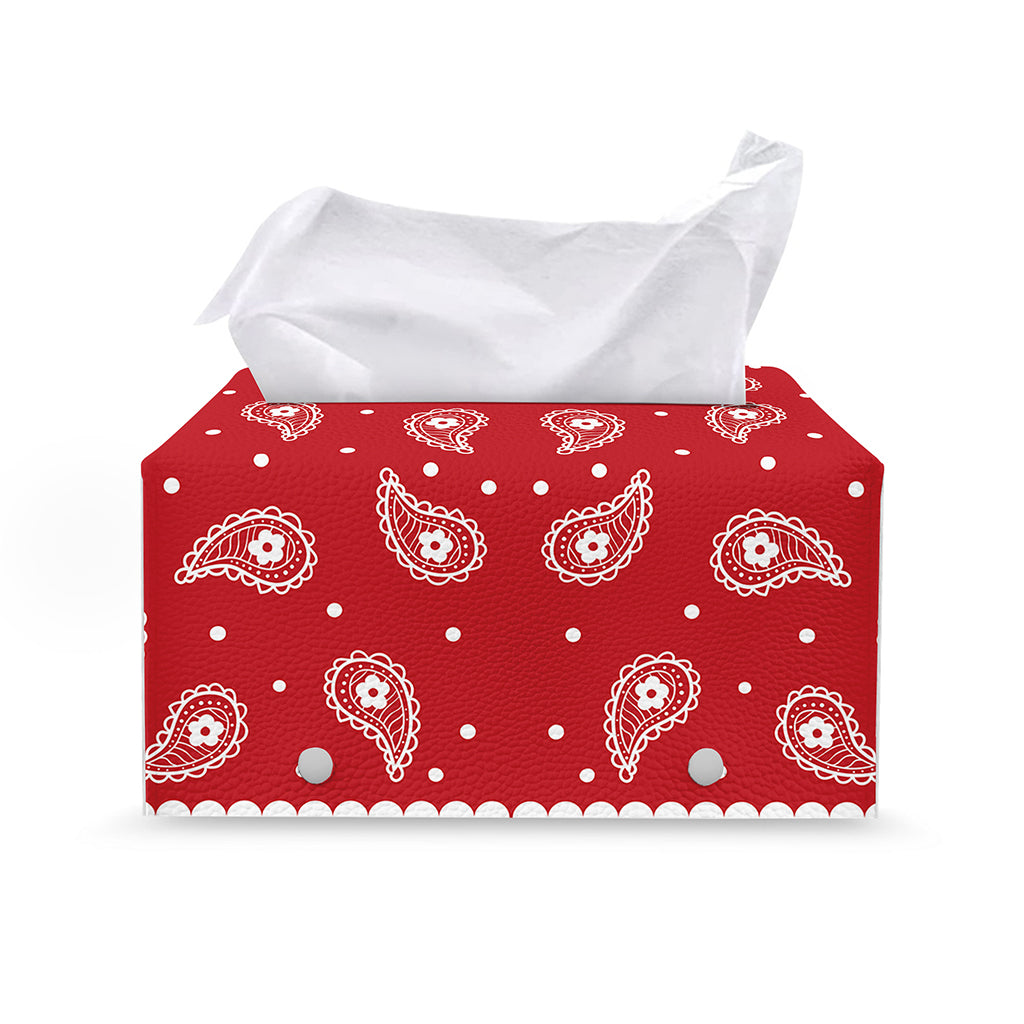 Red And White Paisley Bandana Print Leather Tissue Box Cover