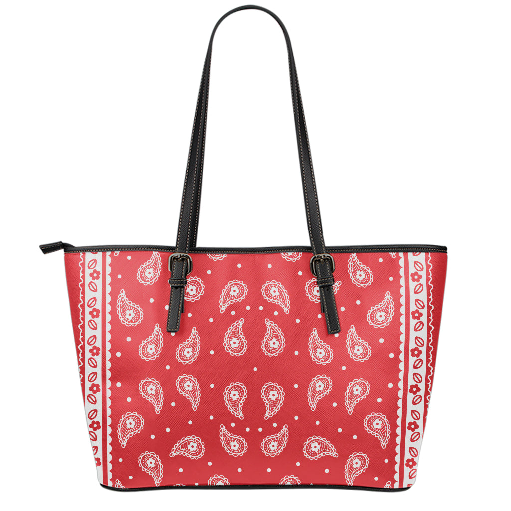 Red And White Paisley Bandana Print Leather Tote Bag