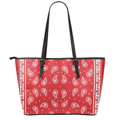 Red And White Paisley Bandana Print Leather Tote Bag