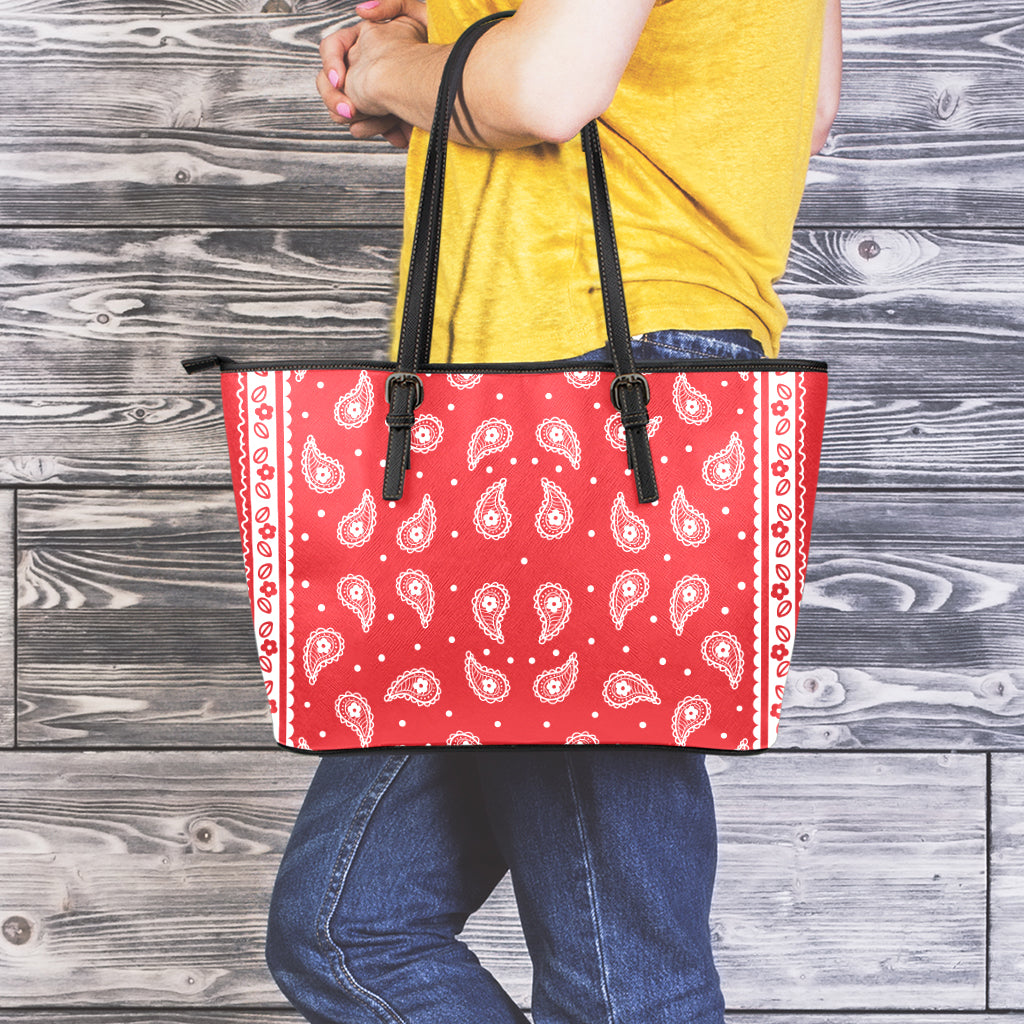 Red And White Paisley Bandana Print Leather Tote Bag