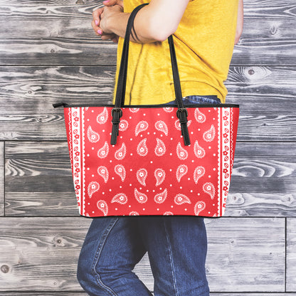 Red And White Paisley Bandana Print Leather Tote Bag