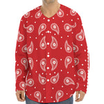 Red And White Paisley Bandana Print Long Sleeve Baseball Jersey
