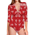 Red And White Paisley Bandana Print Long Sleeve Swimsuit