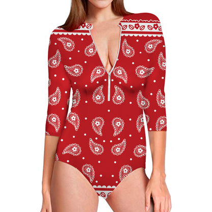 Red And White Paisley Bandana Print Long Sleeve Swimsuit