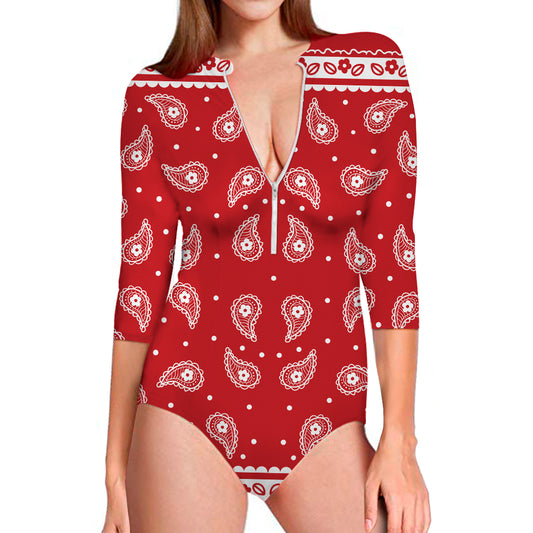 Red And White Paisley Bandana Print Long Sleeve Swimsuit