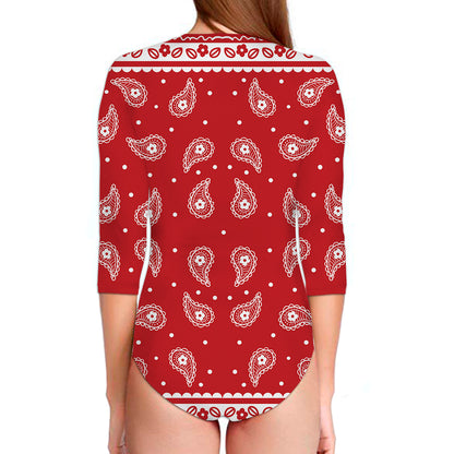 Red And White Paisley Bandana Print Long Sleeve Swimsuit