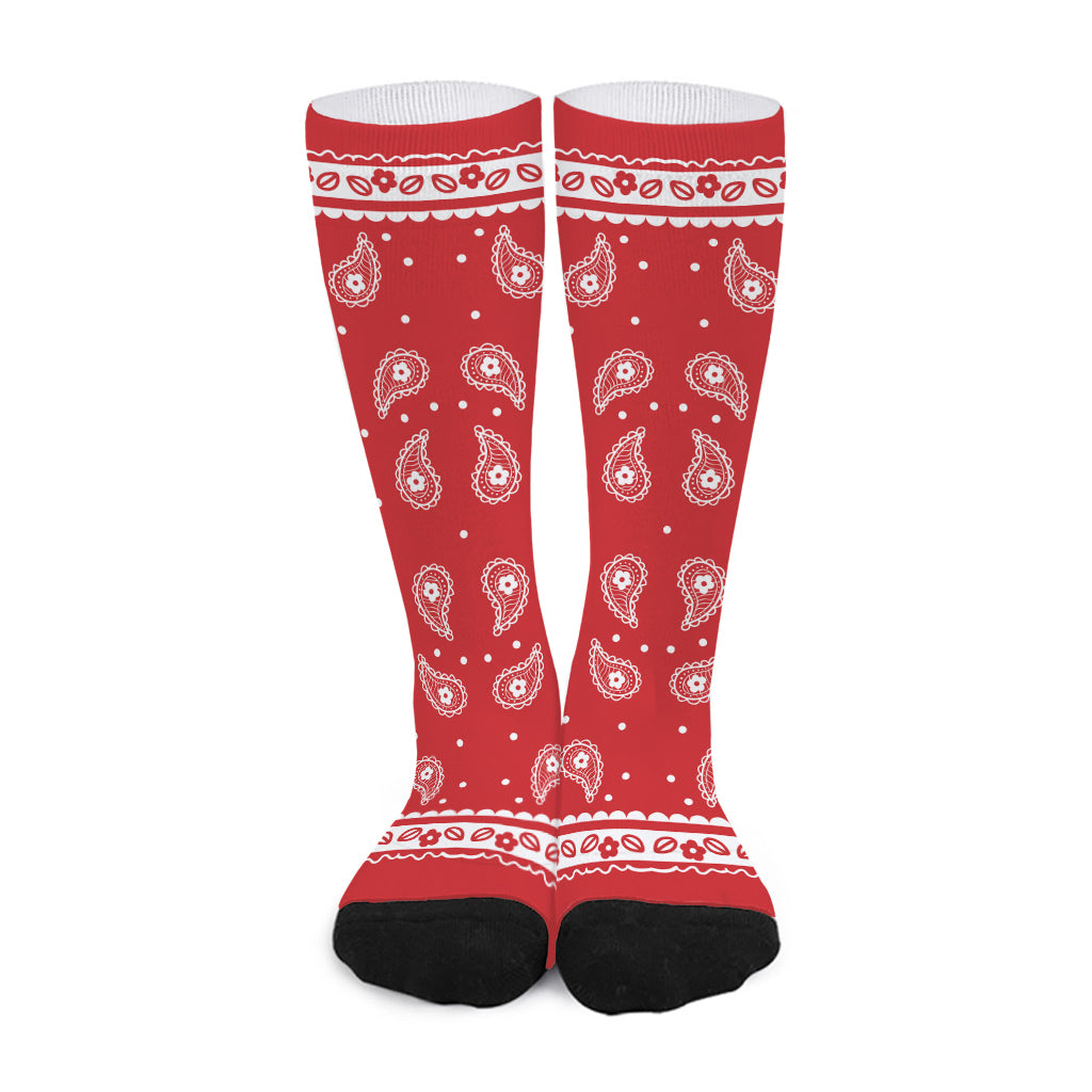 Red And White Paisley Bandana Print Long Socks