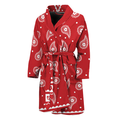 Red And White Paisley Bandana Print Men's Bathrobe