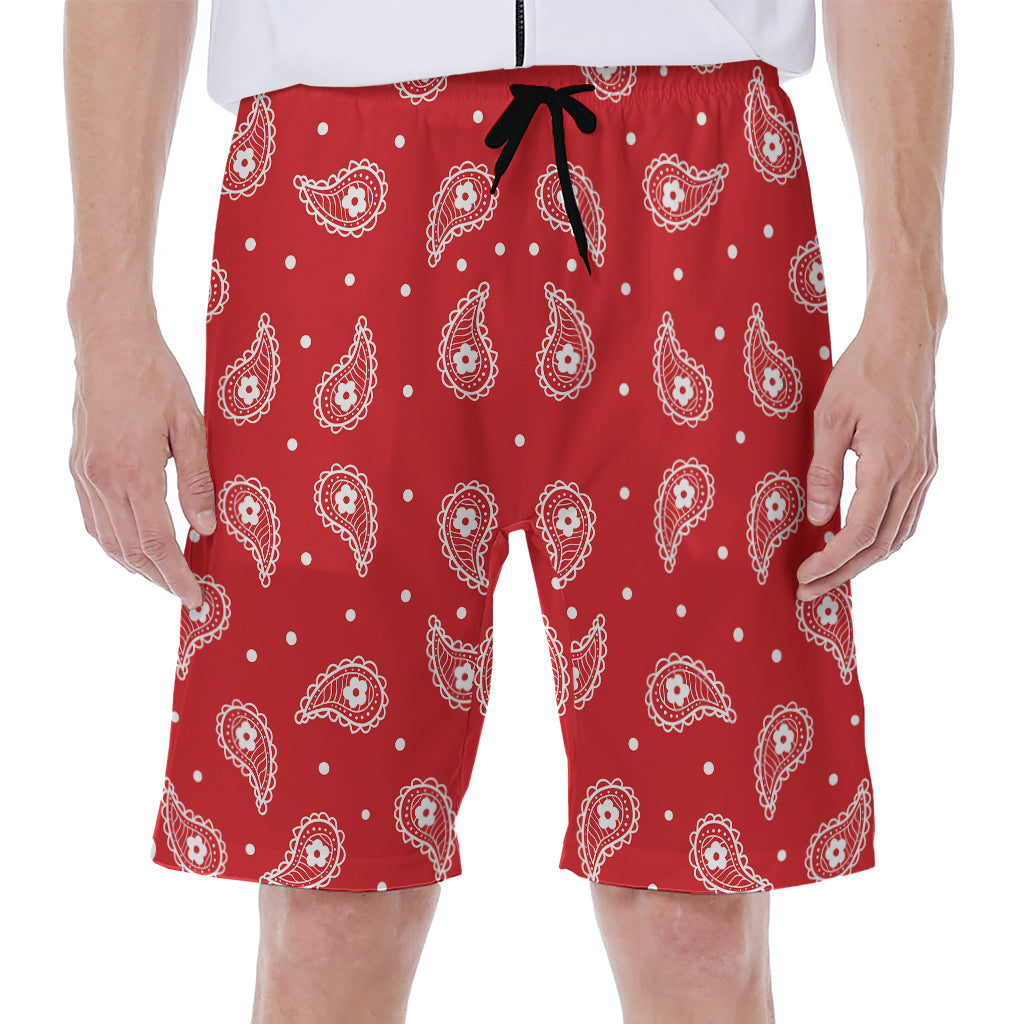 Red And White Paisley Bandana Print Men's Beach Shorts