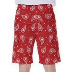Red And White Paisley Bandana Print Men's Beach Shorts