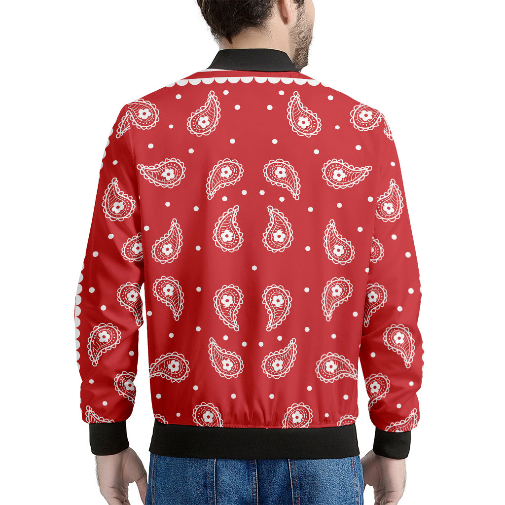 Red And White Paisley Bandana Print Men's Bomber Jacket