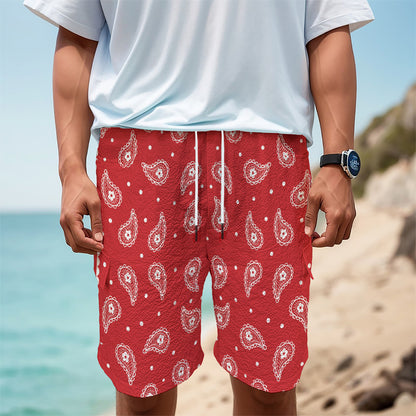Red And White Paisley Bandana Print Men's Cargo Shorts