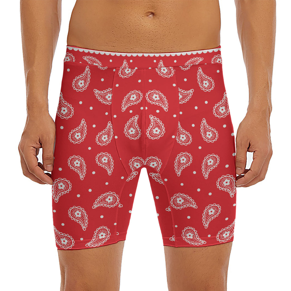 Red And White Paisley Bandana Print Men's Long Boxer Briefs