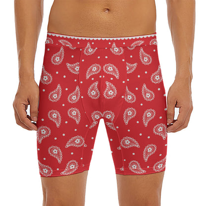 Red And White Paisley Bandana Print Men's Long Boxer Briefs