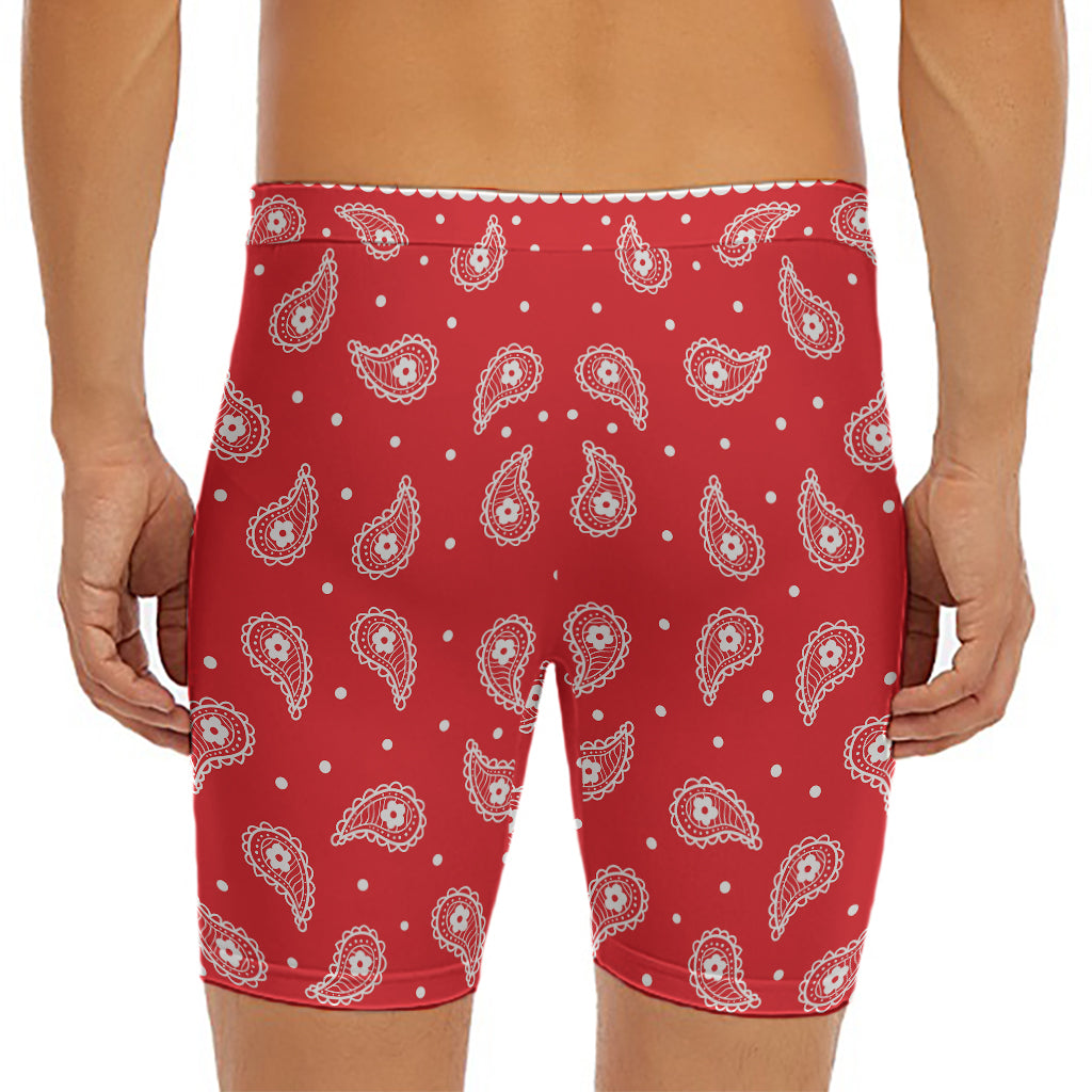 Red And White Paisley Bandana Print Men's Long Boxer Briefs