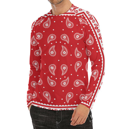 Red And White Paisley Bandana Print Men's Long Sleeve Rash Guard