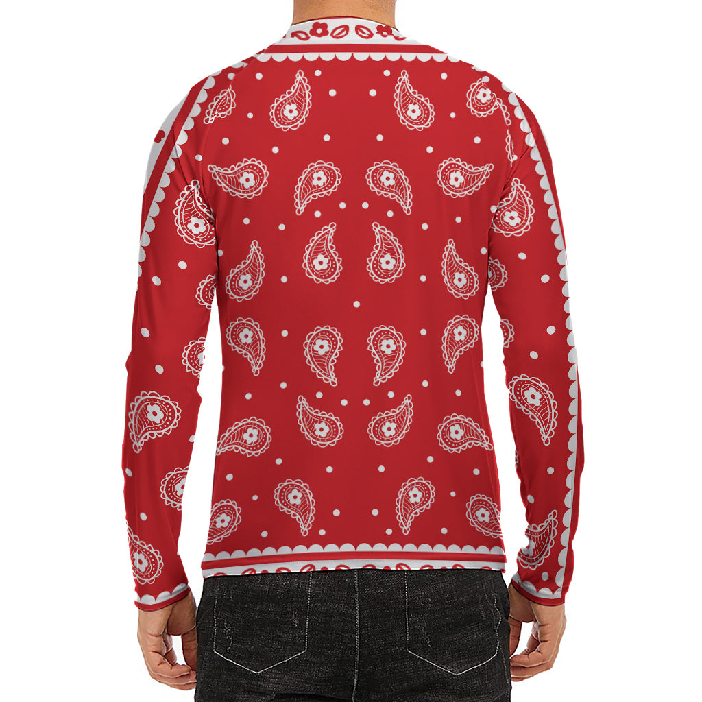 Red And White Paisley Bandana Print Men's Long Sleeve Rash Guard