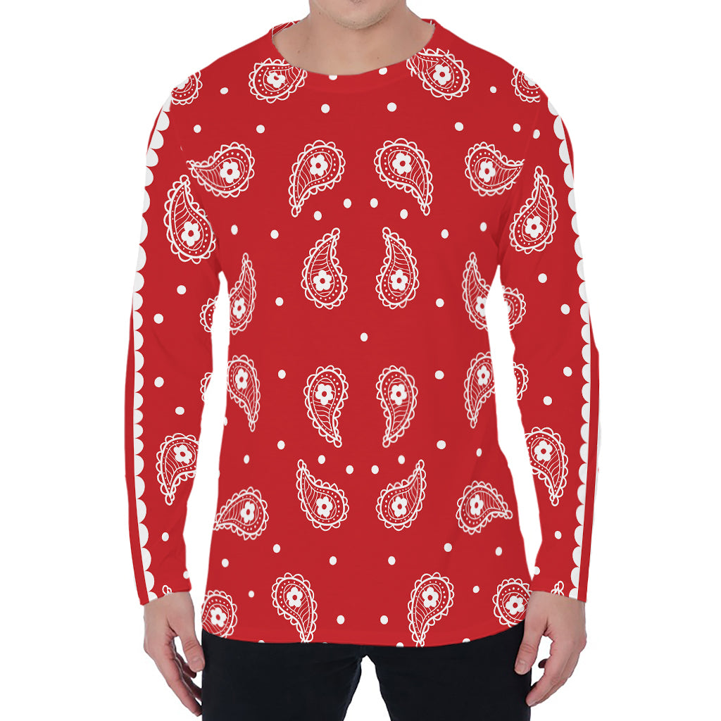 Red And White Paisley Bandana Print Men's Long Sleeve T-Shirt