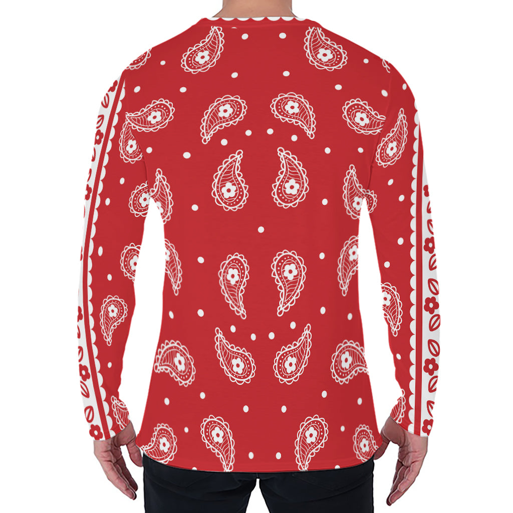 Red And White Paisley Bandana Print Men's Long Sleeve T-Shirt