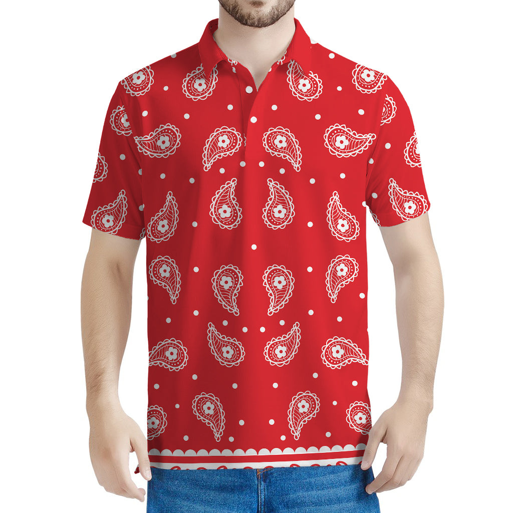 Red And White Paisley Bandana Print Men's Polo Shirt