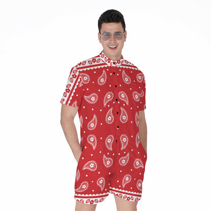 Red And White Paisley Bandana Print Men's Rompers