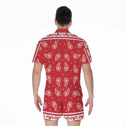 Red And White Paisley Bandana Print Men's Rompers