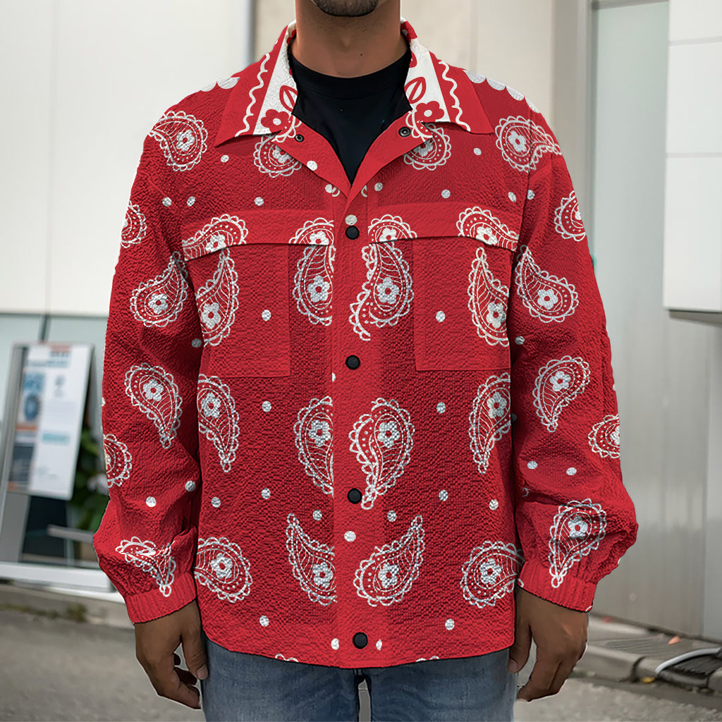 Red And White Paisley Bandana Print Men's Shirt Jacket