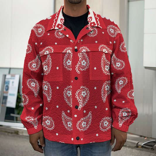 Red And White Paisley Bandana Print Men's Shirt Jacket