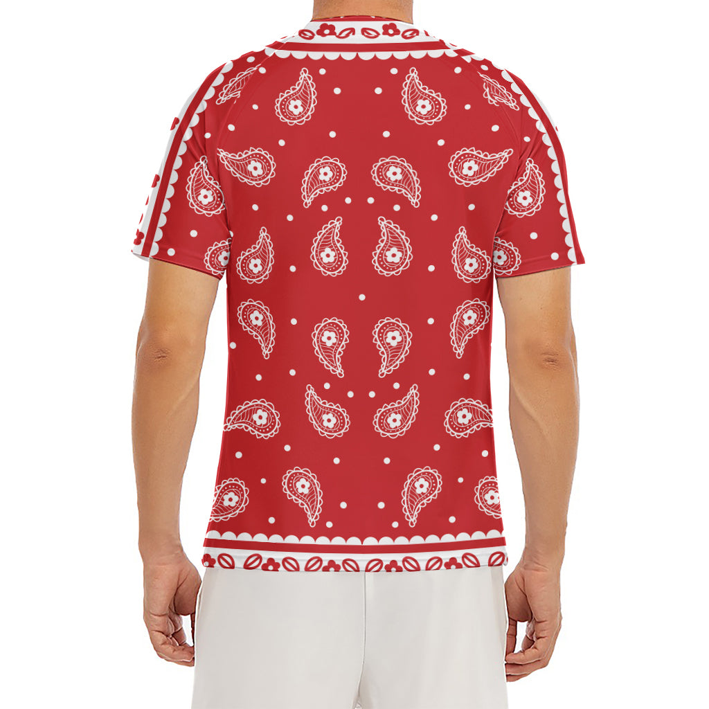 Red And White Paisley Bandana Print Men's Short Sleeve Rash Guard