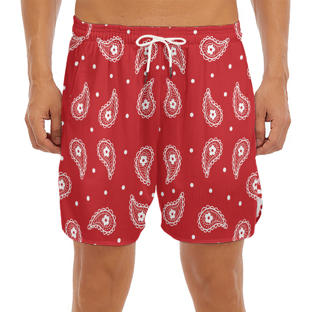 Red And White Paisley Bandana Print Men's Split Running Shorts
