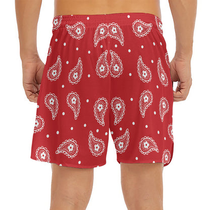 Red And White Paisley Bandana Print Men's Split Running Shorts