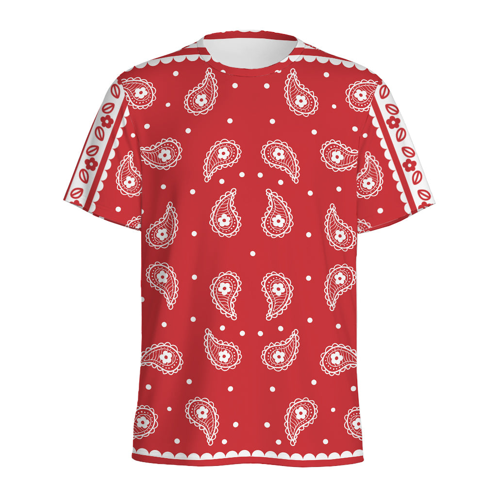 Red And White Paisley Bandana Print Men's Sports T-Shirt