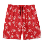 Red And White Paisley Bandana Print Men's Swim Trunks