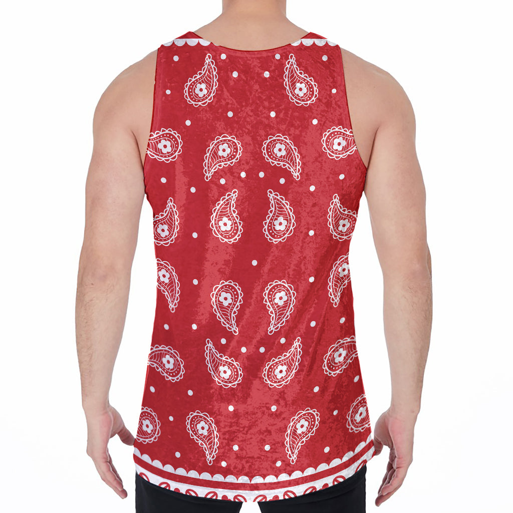 Red And White Paisley Bandana Print Men's Velvet Tank Top