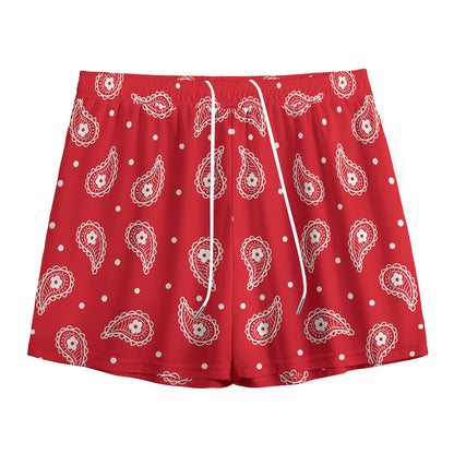 Red And White Paisley Bandana Print Mesh Shorts