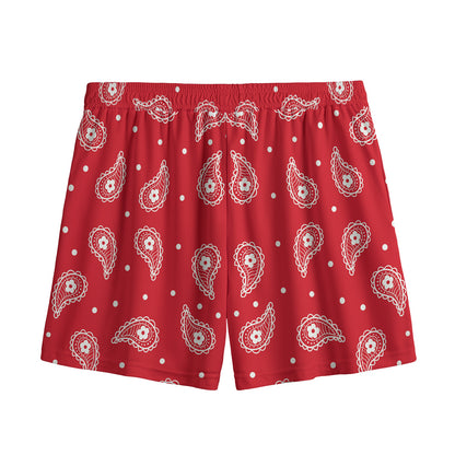 Red And White Paisley Bandana Print Mesh Shorts