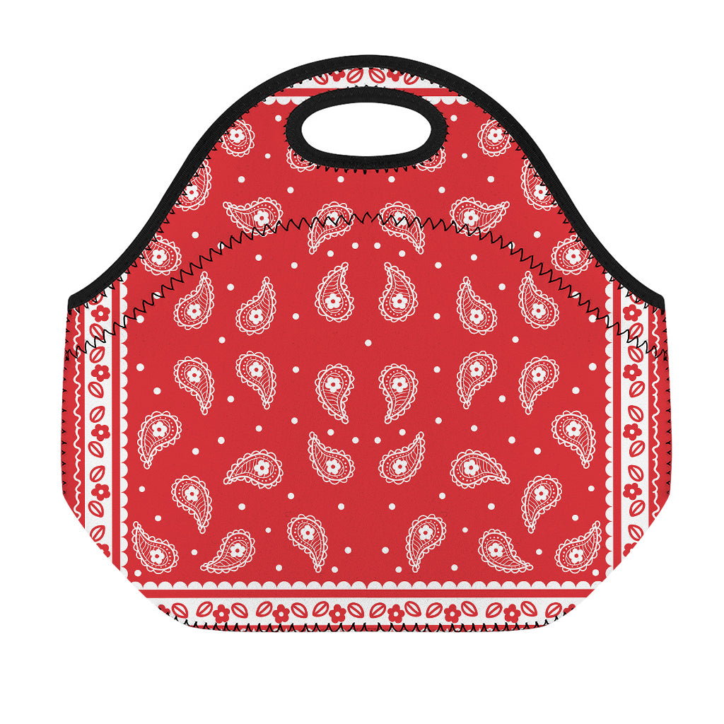 Red And White Paisley Bandana Print Neoprene Lunch Bag