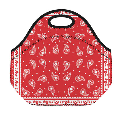 Red And White Paisley Bandana Print Neoprene Lunch Bag