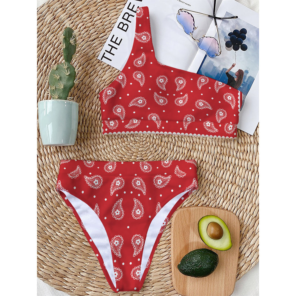 Red And White Paisley Bandana Print One Shoulder Bikini Top