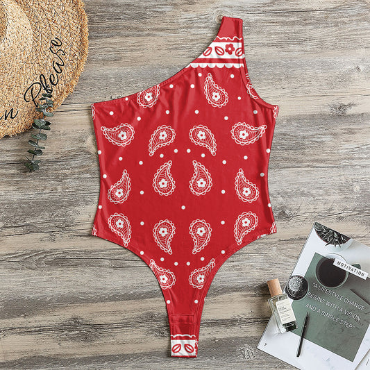 Red And White Paisley Bandana Print One Shoulder Bodysuit