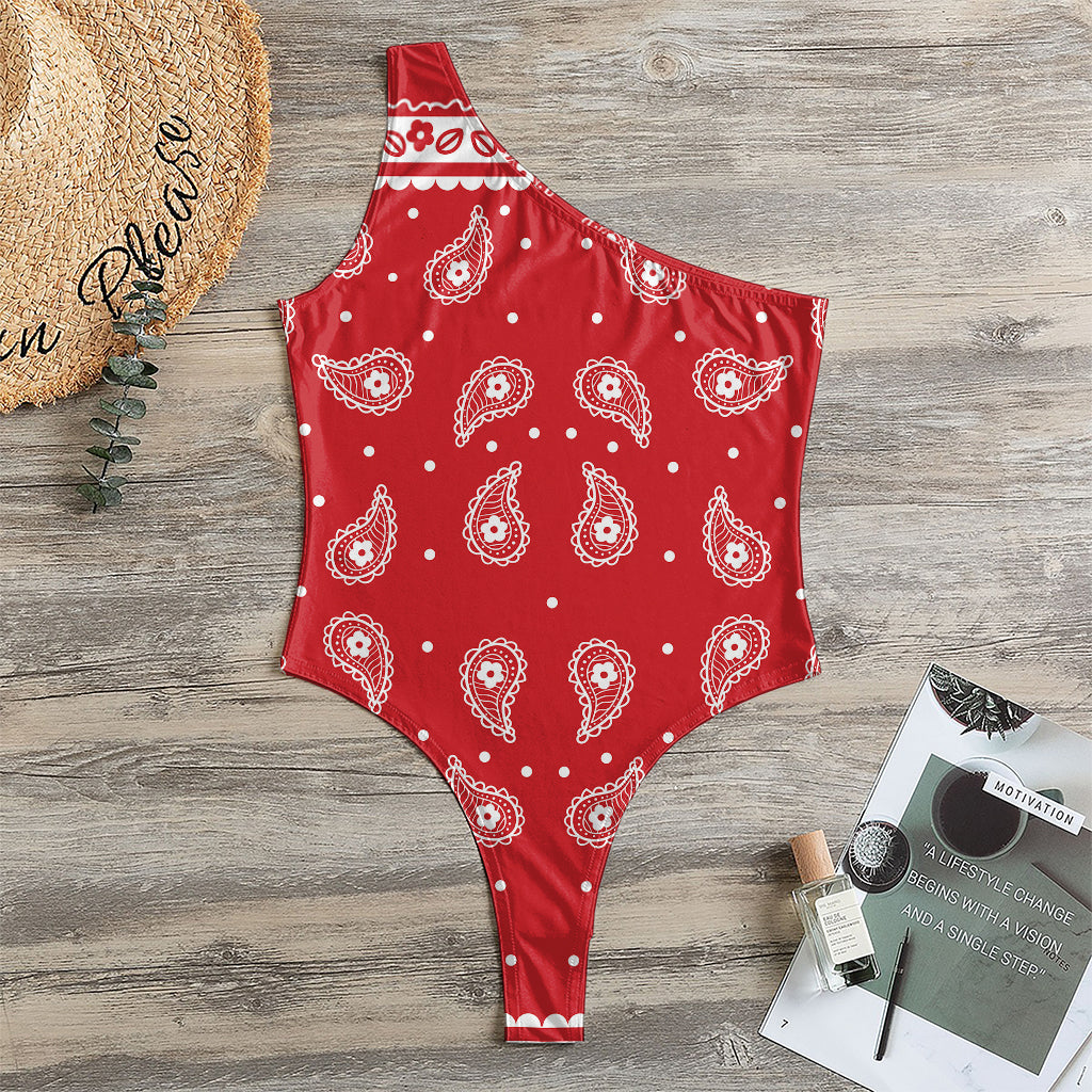 Red And White Paisley Bandana Print One Shoulder Bodysuit