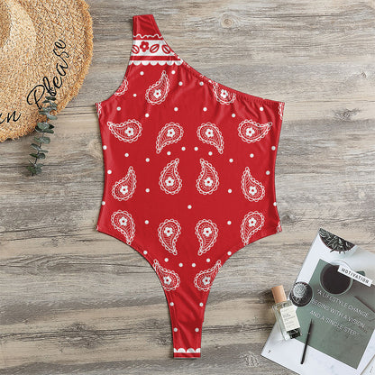 Red And White Paisley Bandana Print One Shoulder Bodysuit