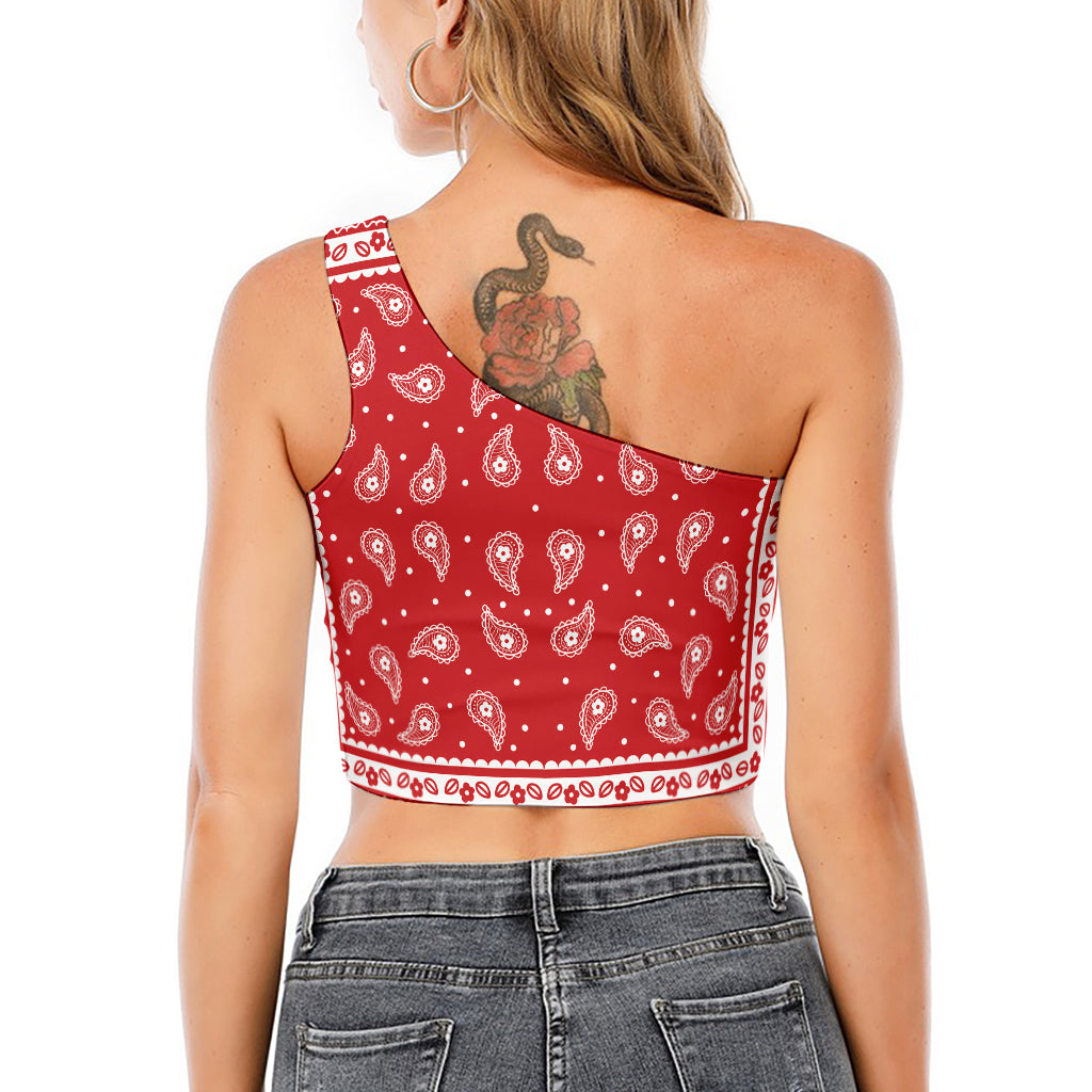 Red And White Paisley Bandana Print One Shoulder Crop Top