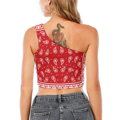 Red And White Paisley Bandana Print One Shoulder Crop Top