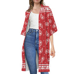 Red And White Paisley Bandana Print Open Front Beach Cover Up