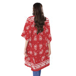 Red And White Paisley Bandana Print Open Front Beach Cover Up