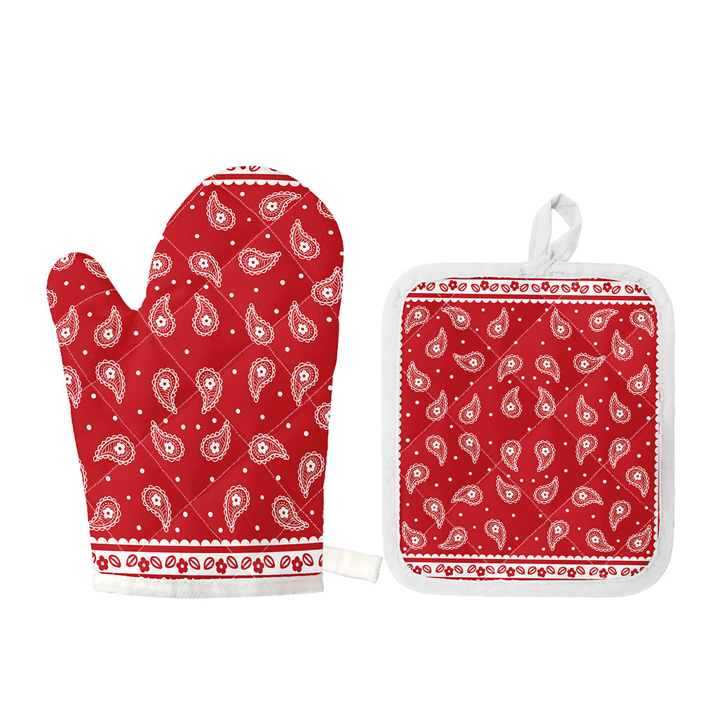 Red And White Paisley Bandana Print Oven Mitt And Pot Holder Set