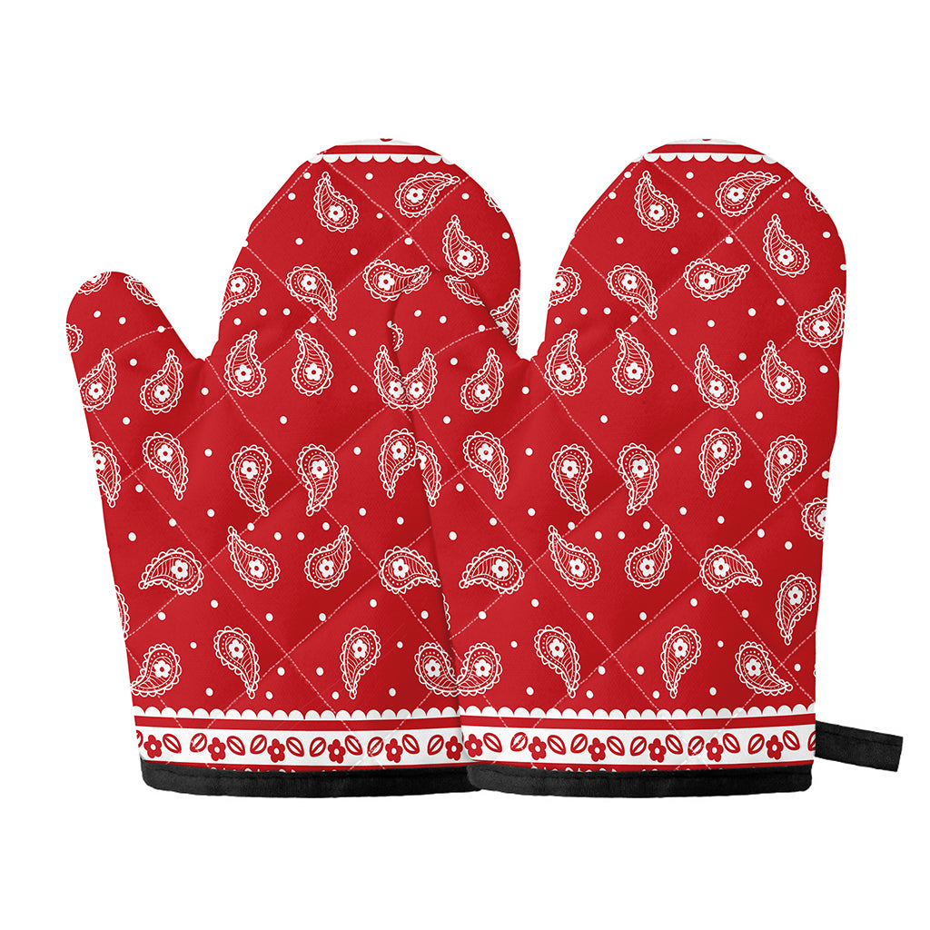 Red And White Paisley Bandana Print Oven Mitts