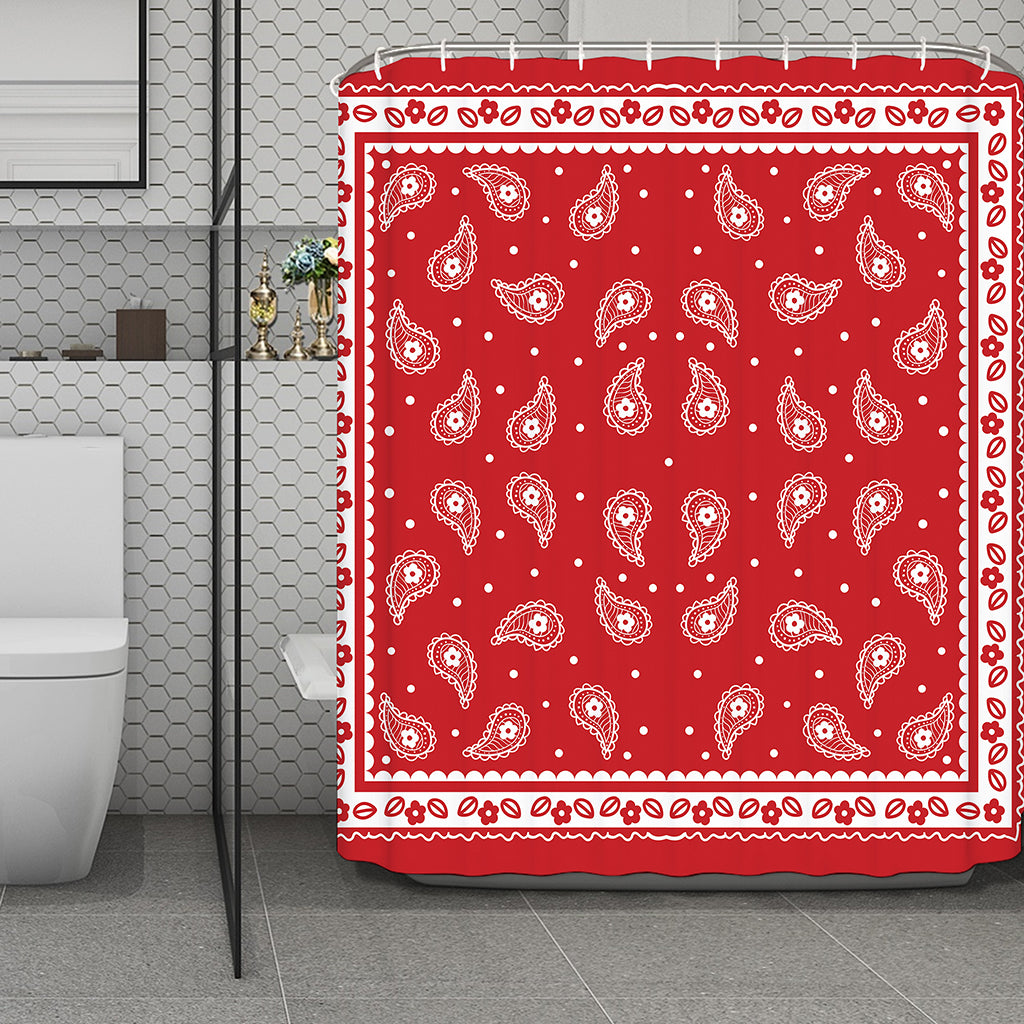 Red And White Paisley Bandana Print Polyester Shower Curtain